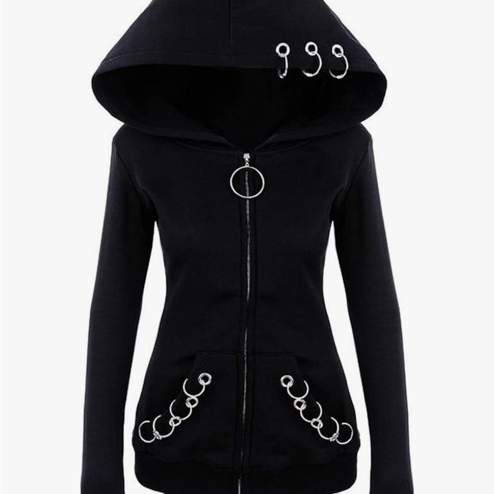 Edgy Black Hoodie with Metal Accents Size L